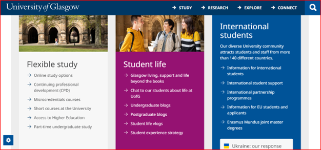 Screenshot of University of Glasgow website homepage highlighting international student information