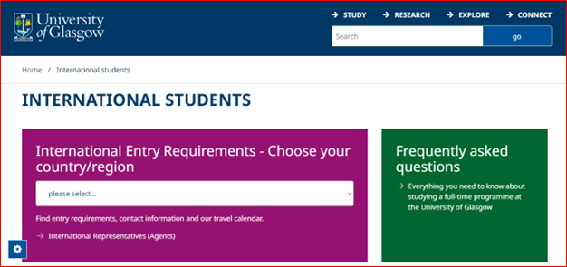 Screenshot of International Students webpage