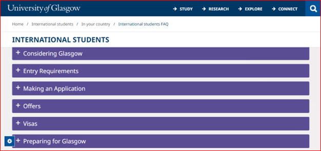 Screenshot of international students FAQs webpage