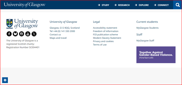 Screenshot of University homepage footer with MyGlasgowStudents highlighted
