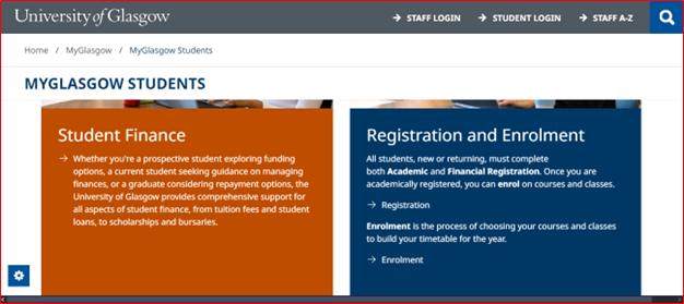 Screenshot of MyGlasgow Students webpage
