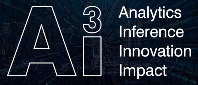 Black background with white text reading 'AI3 - Analytics, Inference, Impact, Innovation