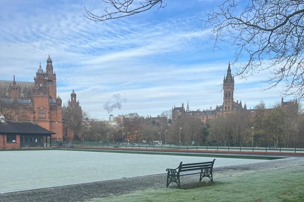 View across Kelvingrove Park bowling greens in the winter