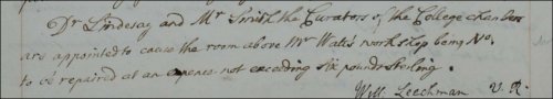 In one of his administrative roles, Adam Smith acted as Curator of College Chambers, along with Hercules Lindsay, as recorded in the Senate minutes, 27th November 1759.  (GUAS Ref: GUA 26641, p1.  Copyright reserved.)