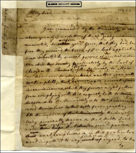 First page of a draft letter by Adam Smith concerning Professor John Anderson and an extended stay abroad, c1755.  (GUAS Ref: 15626, p1.  Copyright reserved.)