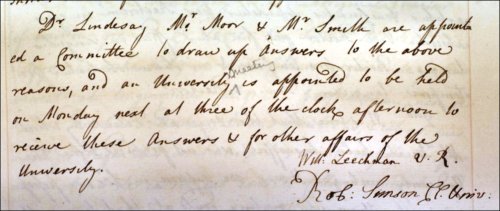 Adam Smith was appointed to a committee in support of Professor William Rouet's post to be declared as vacant, as recorded in the Senate minutes, 7th February 1760.  (GUAS Ref: 26641, p19.  Copyright reserved.)