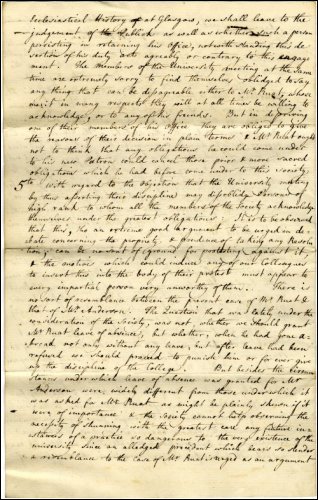Fourth page of a letter of response by Adam Smith and committee to the protest of Leechman, Simson, Clow and Anderson regarding Professor William Rouet's (also spelt Rouat or Ruat) post being declared vacant, February 1760. (GUAS Ref: GUA 27027, p4. Copyright reserved.) 