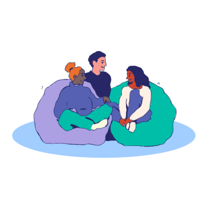 Cartoon students sitting chatting on beanbags