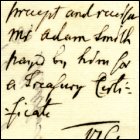 First page of a precept and receipt for sum paid by Adam Smith for Treasury certificate, 28th October 1761. (GUAS Ref: 58246, p1. Copyright reserved.) 