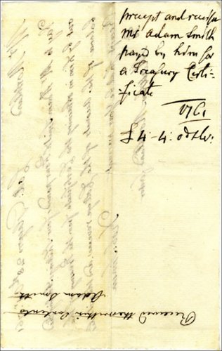 First page of a precept and receipt for sum paid by Adam Smith for Treasury certificate, 28th October 1761. (GUAS Ref: 58246, p1. Copyright reserved.) 