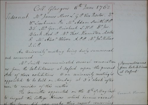 Adam Smith was appointed to pass on the Snell exhibitioner's grievances, as recorded in the Senate minutes, 11th June 1762. (GUAS Ref: 26642, p153. Copyright reserved.)