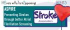 Text reads: Here's what's happening: ASPIRE: Preventing Strokes through better atrial fibrillation screening. There is a heart balloon to the right, along with the Stroke Association logo.