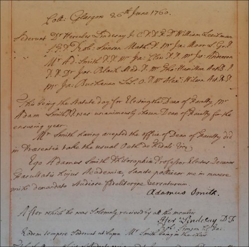 Adam Smith was elected Dean of Faculty for 1760-61, as recorded in the Dean of Faculty meeting minutes, 26th June 1760.  (GUAS Ref: GUA 26645, p100.  Copyright reserved.)