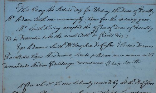 Adam Smith was elected Dean of Faculty for 1761-62, as recorded in the Dean of Faculty meeting minutes, 26th June 1761. (GUAS Ref: GUA 26645, p105. Copyright reserved.) 