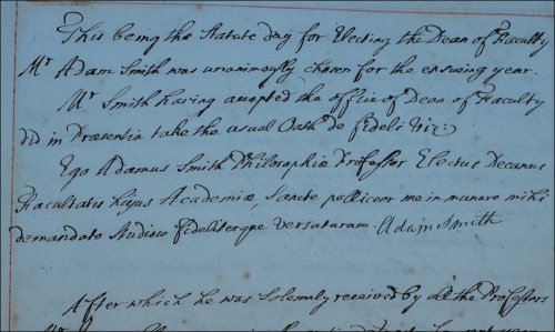 Adam Smith was elected Dean of Faculty for 1761-62, as recorded in the Dean of Faculty meeting minutes, 26th June 1761. (GUAS Ref: GUA 26645, p105. Copyright reserved.) 