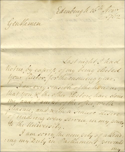 First page of a letter from Sir Thomas Miller accepting the office of Rector and appointing Adam Smith as Vice-Rector, 16th November 1762.  (GUAS Ref: GUA 30165, p1.  Copyright reserved.)