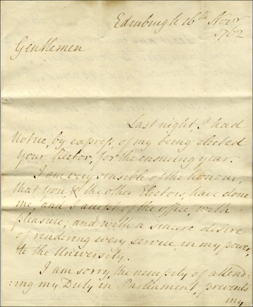 First page of a letter from Sir Thomas Miller accepting the office of Rector and appointing Adam Smith as Vice-Rector, 16th November 1762.  (GUAS Ref: GUA 30165, p1.  Copyright reserved.)