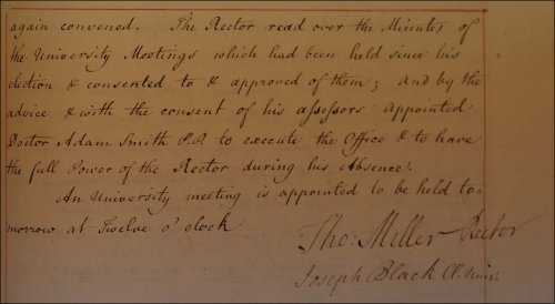 The Rector, Sir Thomas Miller, appointing Adam Smith as Vice-Rector, as recorded in the Senate minutes, 19th April 1763. (GUAS Ref: GUA 26642, p229. Copyright reserved.) 