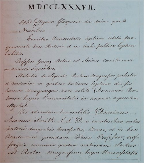 Adam Smith was elected Rector, as recorded in the Senate minutes, 15th November 1787. (GUAS Ref: SEN 1/1/2, p36. Copyright reserved.) 