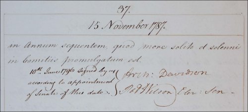 Adam Smith was elected Rector, as recorded in the Senate minutes, 15th November 1787. (GUAS Ref: SEN 1/1/2, p37. Copyright reserved.) 