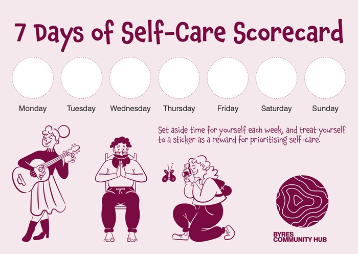 7 days of self-care scorecard with a white circle for a sticker and the Byres Hub logo