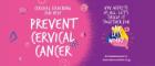 A vibrant pink and purple digital graphic promoting HPV vaccination and screening. The bold, white text reads, 