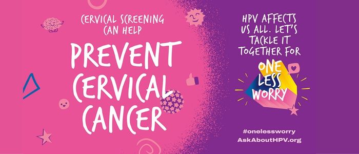A vibrant pink and purple digital graphic promoting HPV vaccination and screening. The bold, white text reads,