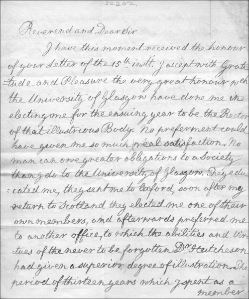 Second page of a letter from Adam Smith to Principal Davidson acknowledging his election as Rector, 16th November 1787. (GUAS Ref: GUA 32202. Copyright reserved.) 