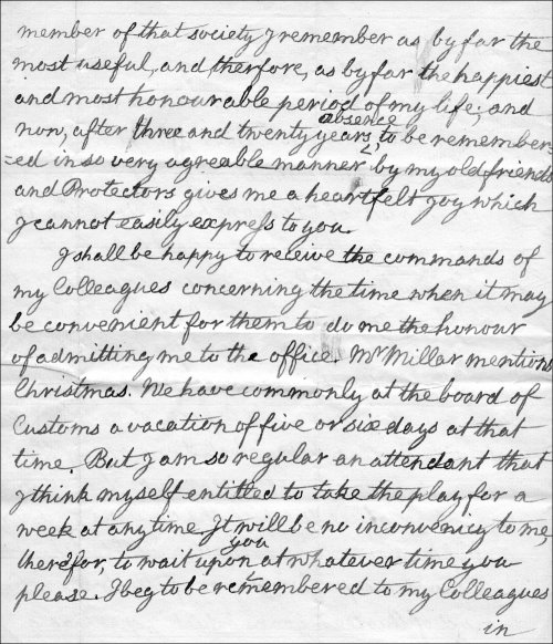 Third page of a letter from Adam Smith to Principal Davidson acknowledging his election as Rector, 16th November 1787. (GUAS Ref: GUA 32202. Copyright reserved.) 