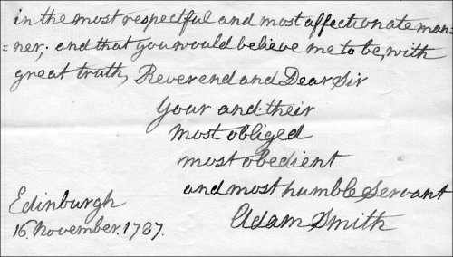 Fourth page of a letter from Adam Smith to Principal Davidson acknowledging his election as Rector, 16th November 1787. (GUAS Ref: GUA 32202. Copyright reserved.) 