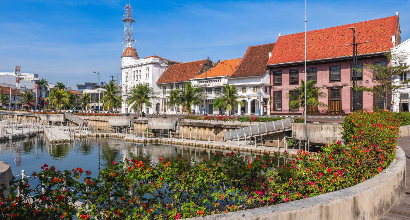 Colourful buildings on the water's edge in Jakarta Old Town