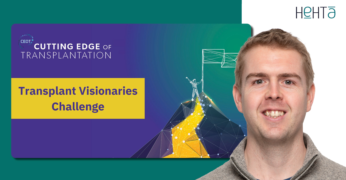 Image of Stephen Knight in front of the Transplant Visionaries Challenge logo.
