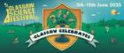 Cartoon coat of arms including an image of a tree with four people in it, one holding a plant, one holding a bird, one holding a bell and one holding a fish. Surrounding this is a green landscape of fields and trees with several people doing outdoor activities such as riding a bike and using a telescope. Text reads: Glasgow Science Festival. 5th - 15th June. Glasgow Celebrates.