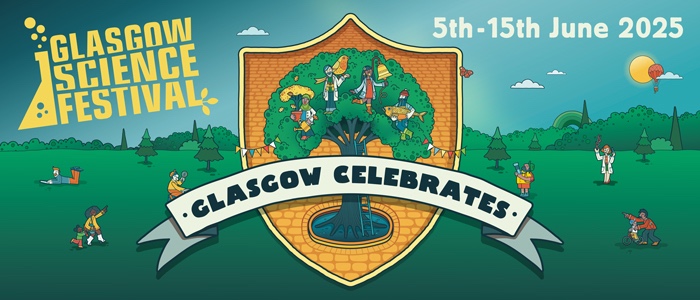 Cartoon coat of arms including an image of a tree with four people in it, one holding a plant, one holding a bird, one holding a bell and one holding a fish. Surrounding this is a green landscape of fields and trees with several people doing outdoor activities such as riding a bike and using a telescope. Text reads: Glasgow Science Festival. 5th - 15th June. Glasgow Celebrates.