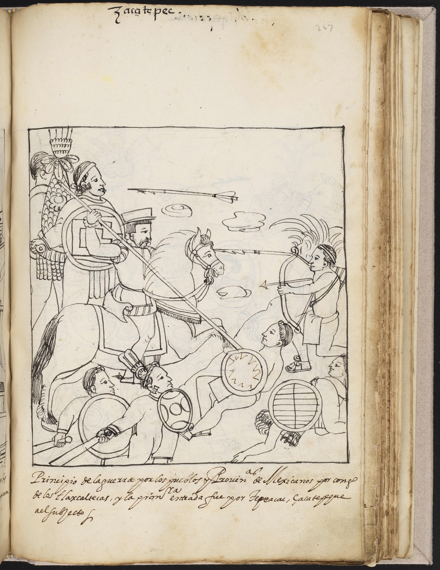 Ink drawing of Spanish and Tlaxcalans fighting together to defeat their common enemy, the Aztecs (or Mexicas). Ref: MS Hunter 242, folio 267r