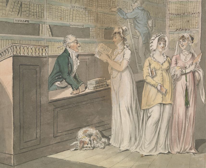 The Lending Library (c 1800-1811). A hand-coloured drawing by Isaac Cruikshank. Yale Center for British Art, Paul Mellon Collection