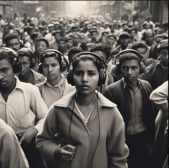 Crowd of people wearing headphones facing the same direction