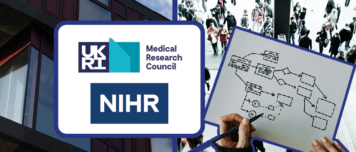 The Medical Research Council and NIHR logo can be seen beside the clarice pears building, an individual drawing a framework, and a stock image of a crowd of people.