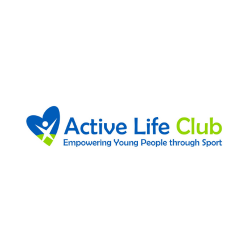 White background with text reading 'active life club; empowering young people through sport' in blue and green