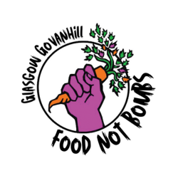 white background with image of purple hand holding a carrot with text around it reading 'Glasgow Govanhill, Food not bombs'