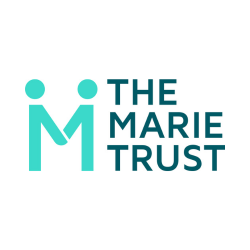 white background with blue text on top which reads 'THE MARIE TRUST' with M shaped logo on the left