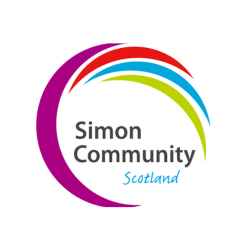 white background with text that reads 'Simon Community Scotland' and wave shaped logo surrounding text
