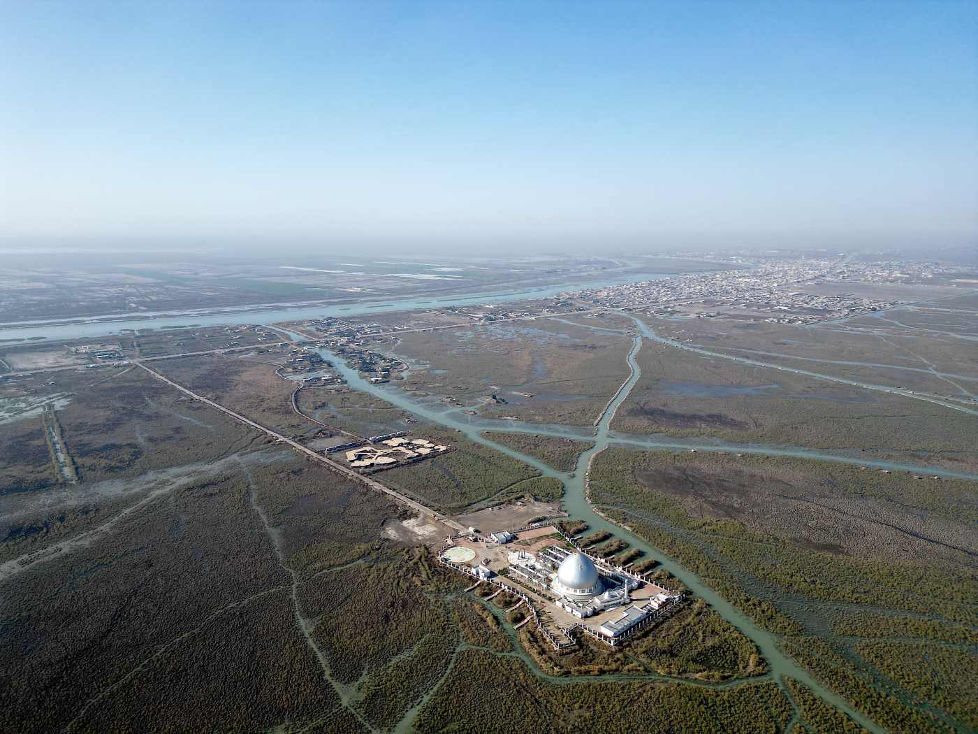 Aerial view towards Chibayish, Iraqi marshes