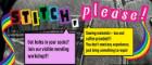 A colourful flyer for Stitch Please! A patching workshop in Byres Community Hub on 7th April.