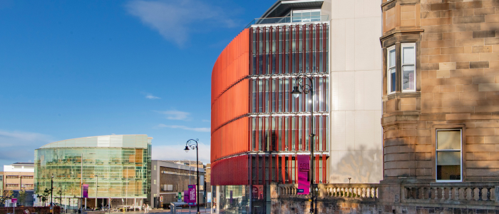 Looking down University Avenue at the JMS