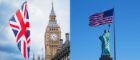 Union Jack flying in front of Big Ben, Statue of Liberty behind the Stars and Stripe flag flying in the wind