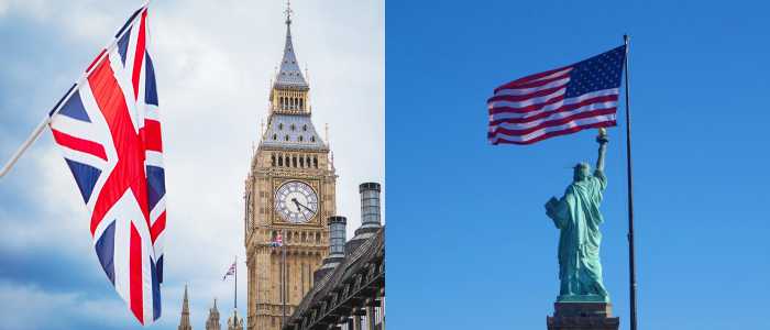 Union Jack flying in front of Big Ben, Statue of Liberty behind the Stars and Stripe flag flying in the wind