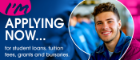 A man on the left side of the frame smiling towards the camera, the graphic text reads I'm APPLYING NOW... for student loans, tuition fees, grants and bursaries. SAAS Funding your future