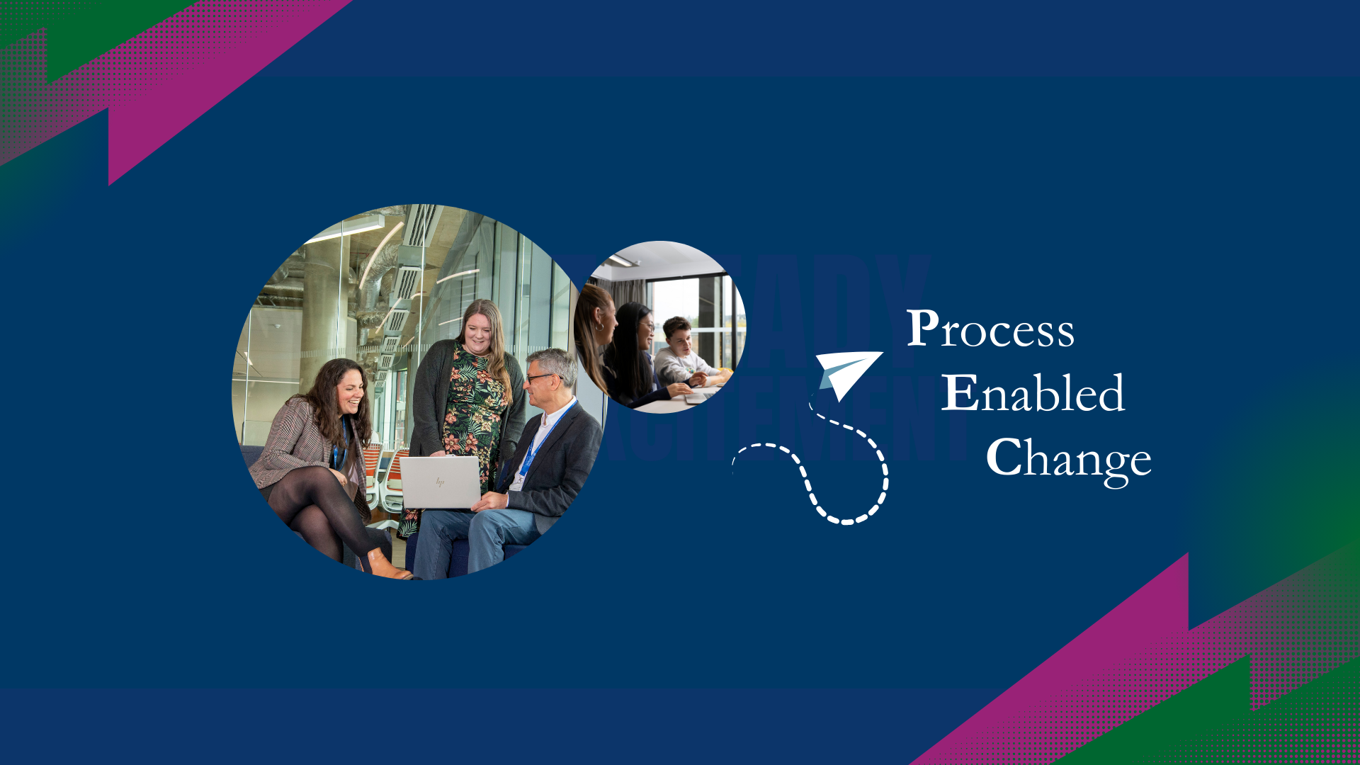 Process Enabled Change icon with staff memebers sitting at a desk