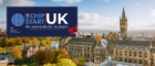 Composite of ChipStart UK poster against a view of Gilbert Scott Building at University of Glasgow